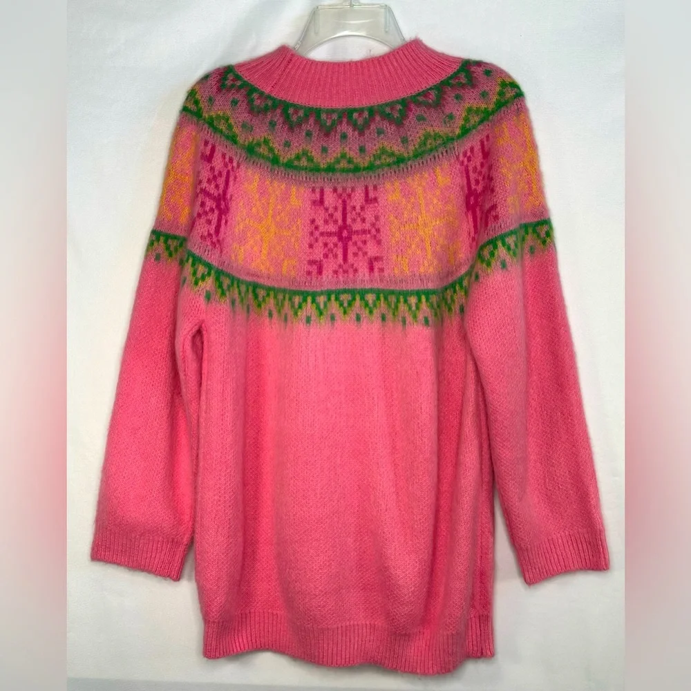 Cotton On Crew Neck Sweater Fair Isle Print Pink Green Boho Barbie Coquette Sz L - Picture 2 of 7